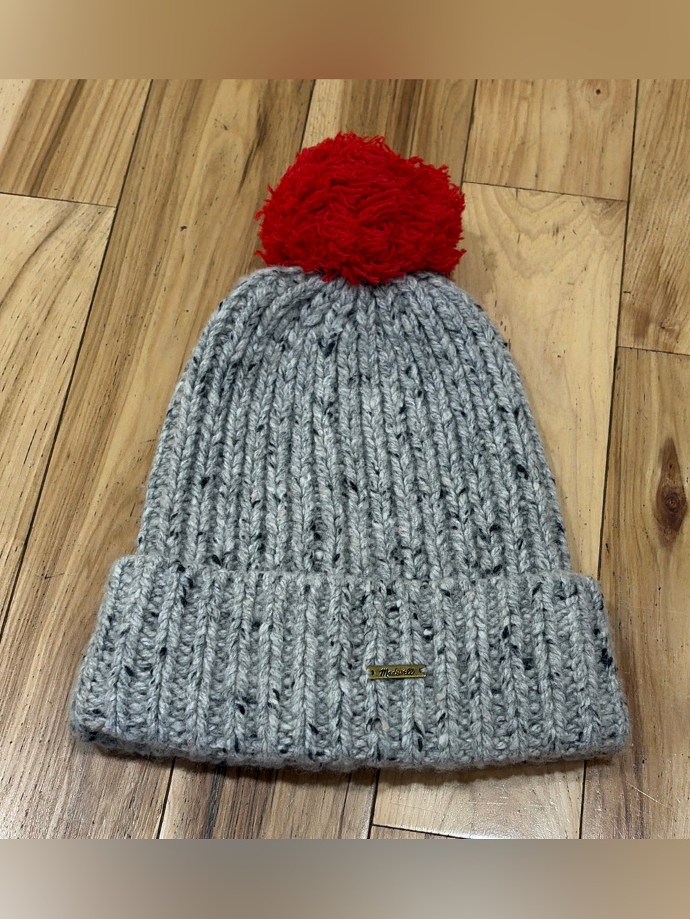 Madewell Wool Blend Gray Marled Beanie Hat with Wool Red Pom Pom - One Size